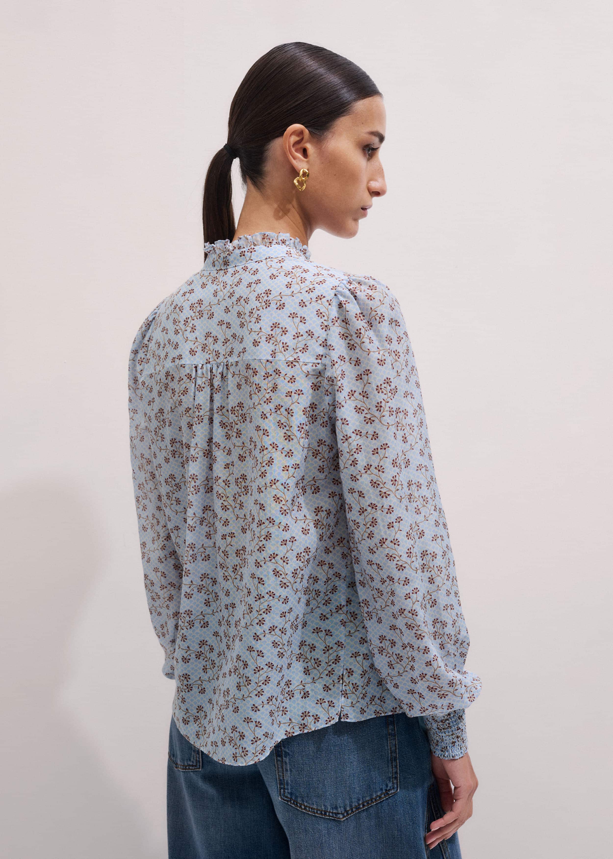 Blue Scallop Daisy Print Trim Detail Blouse + Tie meandem