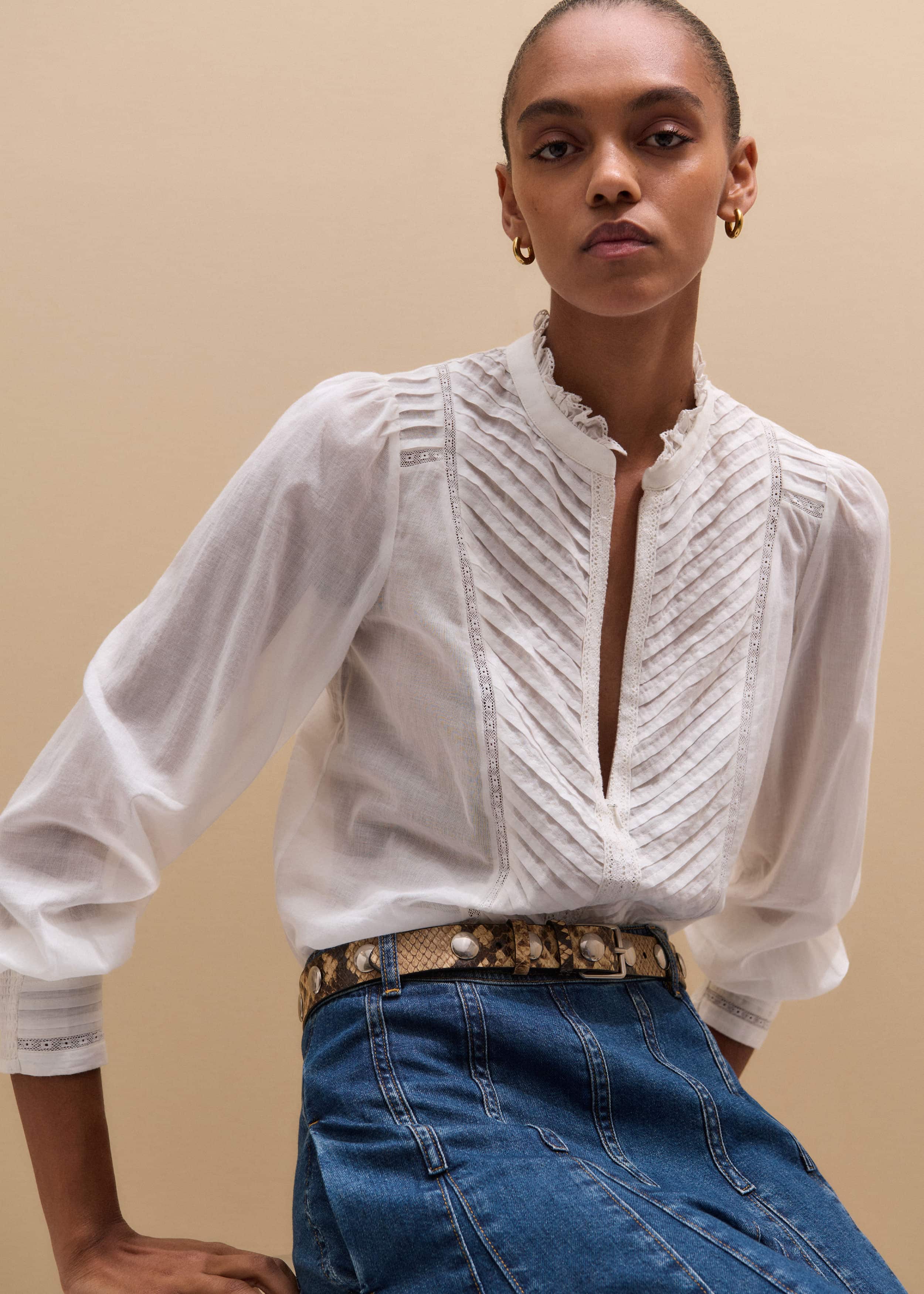 White Delicate Pintucked High-Neck Top meandem