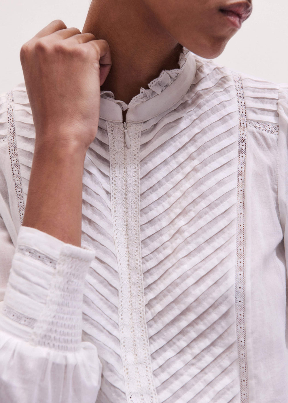 White Delicate Pintucked High-Neck Top meandem
