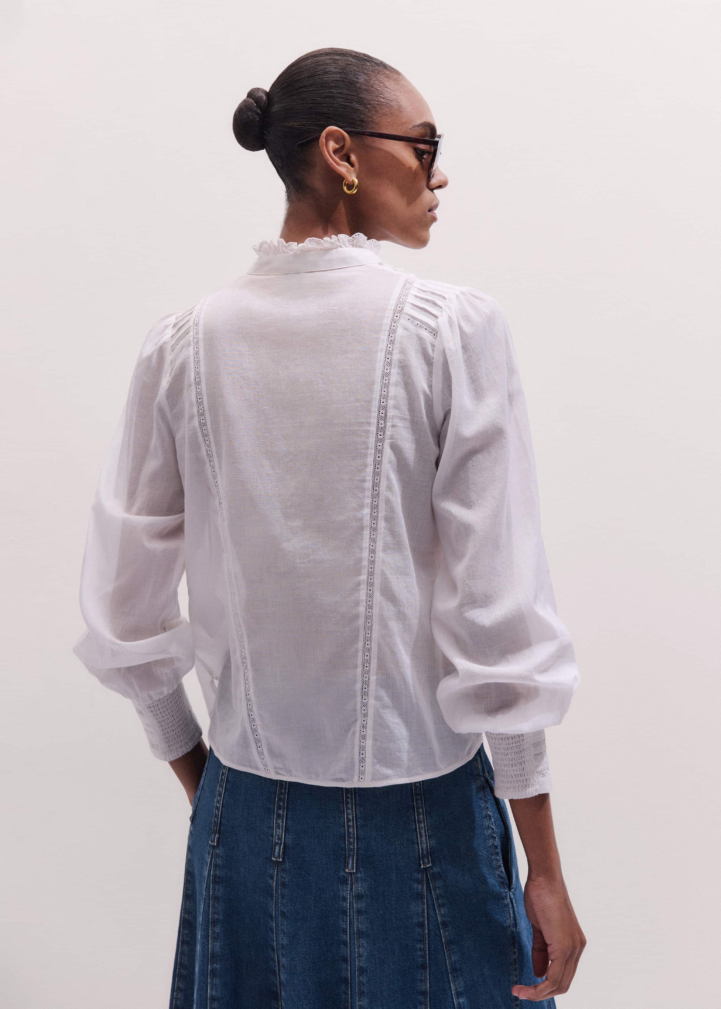 White Delicate Pintucked High-Neck Top meandem