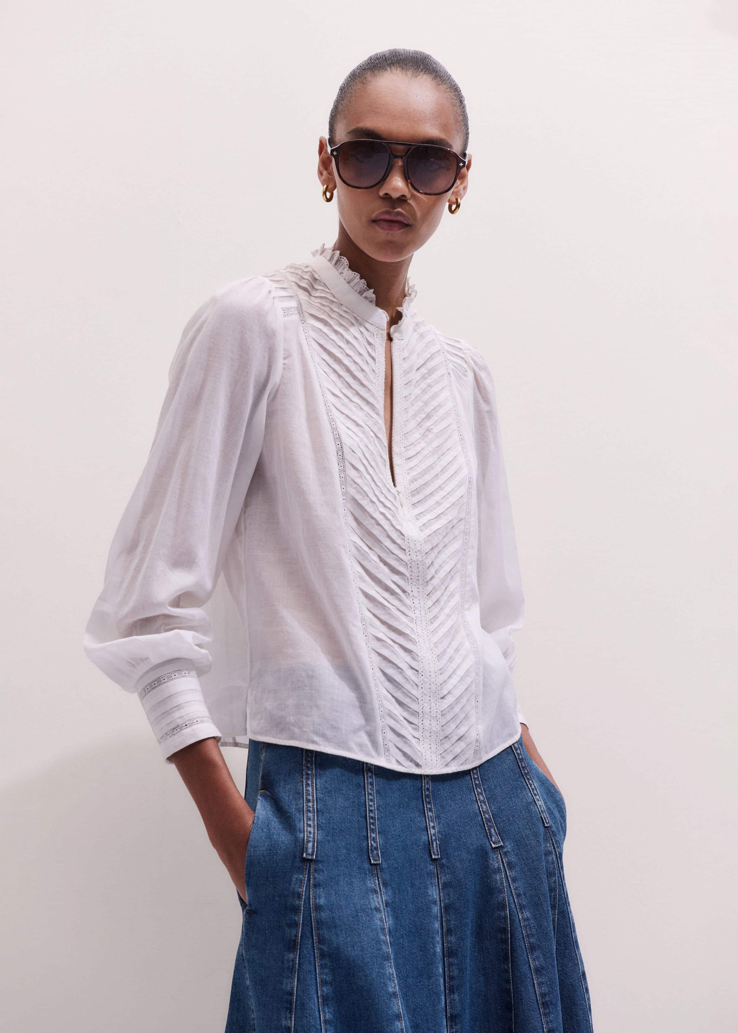 White Delicate Pintucked High-Neck Top meandem