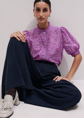Purple Silk Cotton Entangled Lace Print Straight Blouse meandem