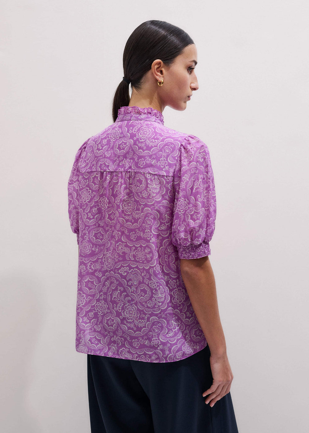 Purple Silk Cotton Entangled Lace Print Straight Blouse meandem