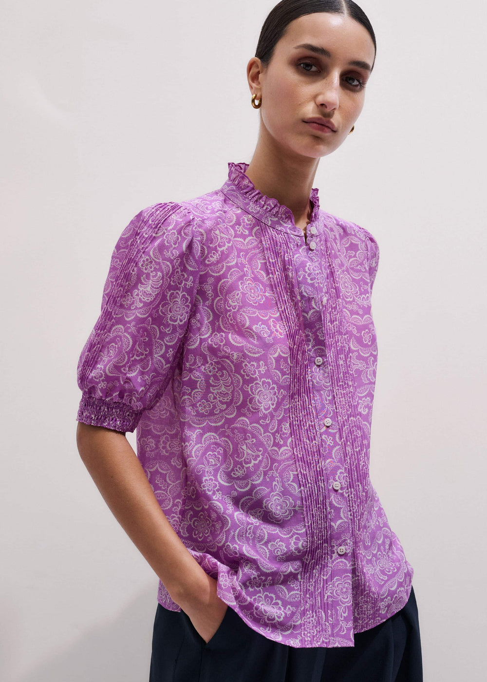 Purple Silk Cotton Entangled Lace Print Straight Blouse meandem
