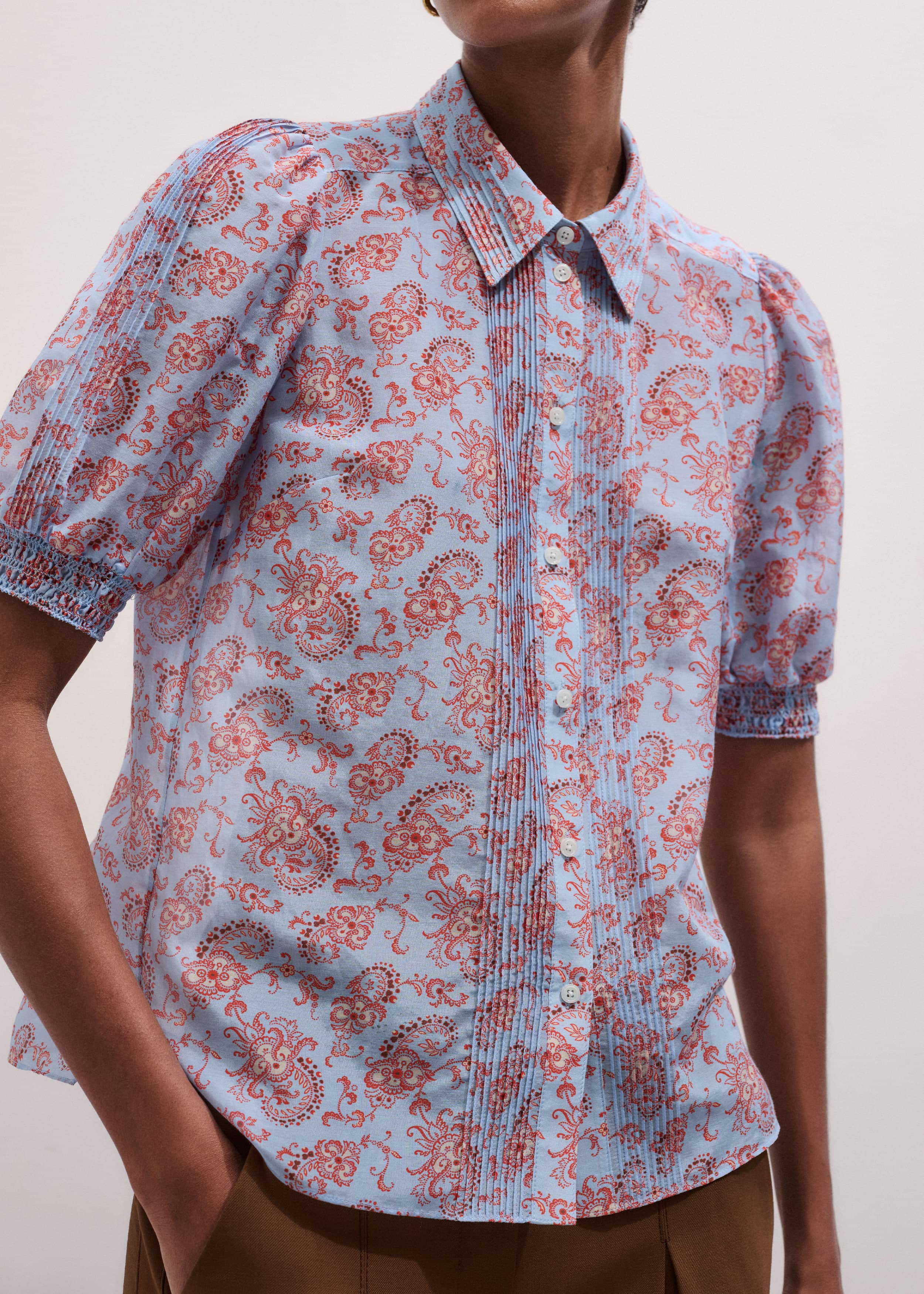 Blue Silk Cotton Gilded Paisley Print Straight Blouse meandem