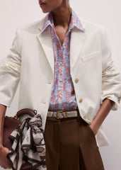 Blue Silk Cotton Gilded Paisley Print Straight Blouse meandem