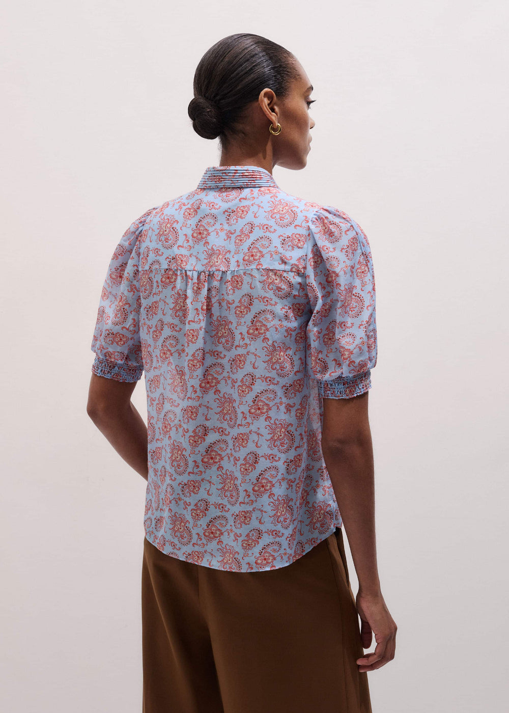 Blue Silk Cotton Gilded Paisley Print Straight Blouse meandem