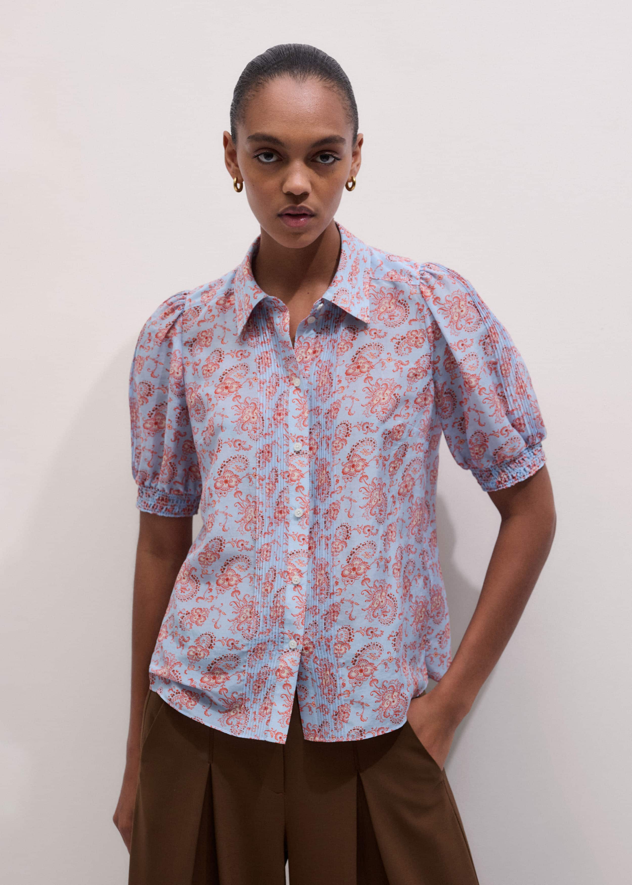 Blue Silk Cotton Gilded Paisley Print Straight Blouse meandem