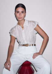 Cream Silk Cotton Embroidery Collar Swing Blouse meandem