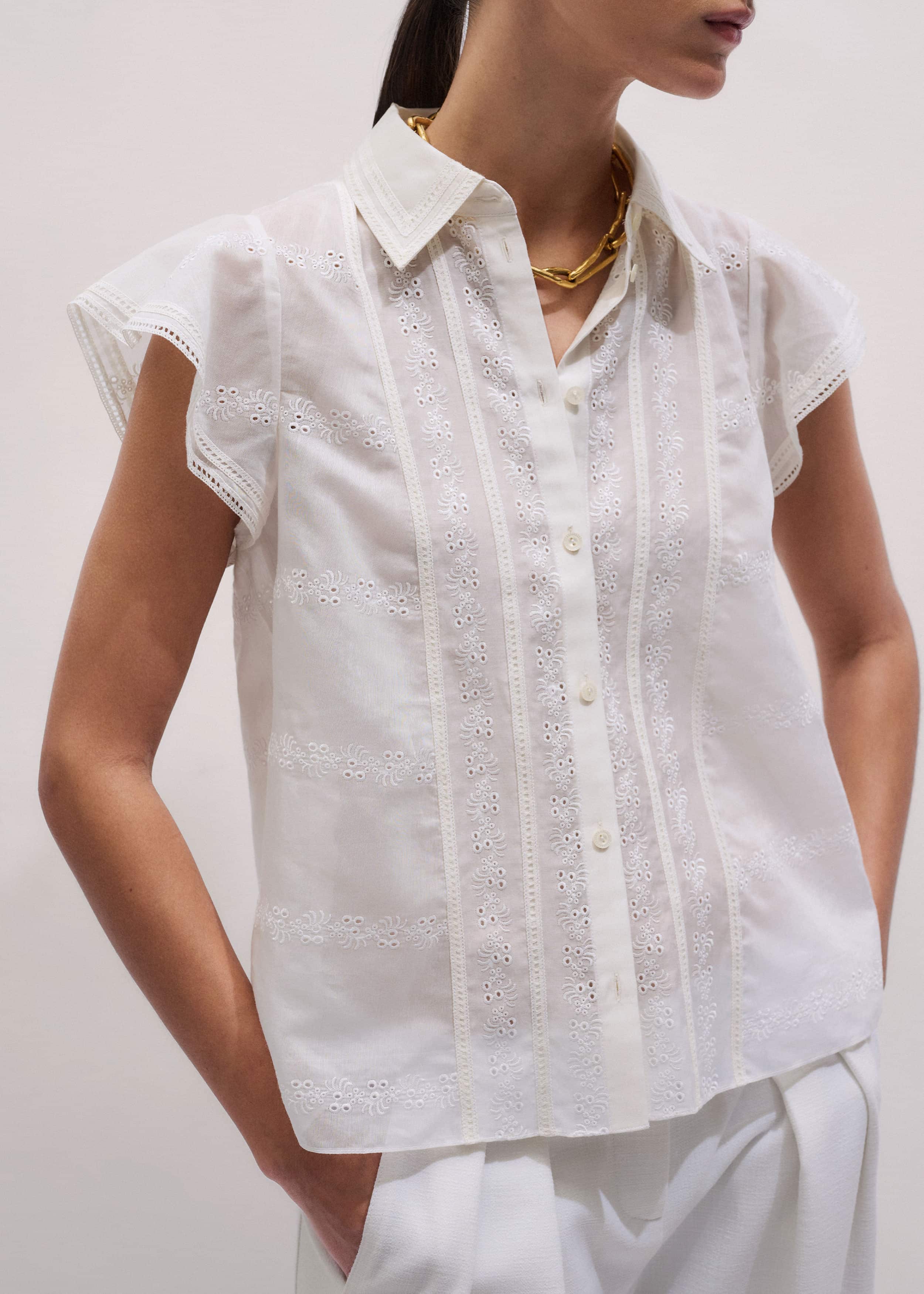 Cream Silk Cotton Embroidery Collar Swing Blouse meandem