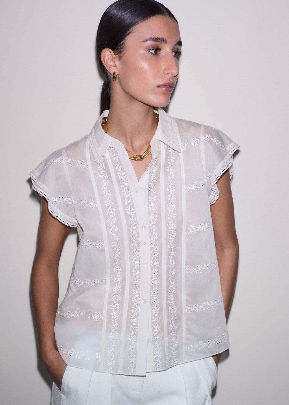 Cream Silk Cotton Embroidery Collar Swing Blouse meandem