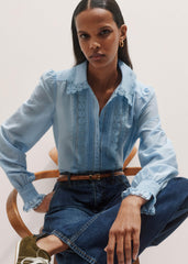 Blue Silk Cotton Lace Trim Straight Blouse meandem