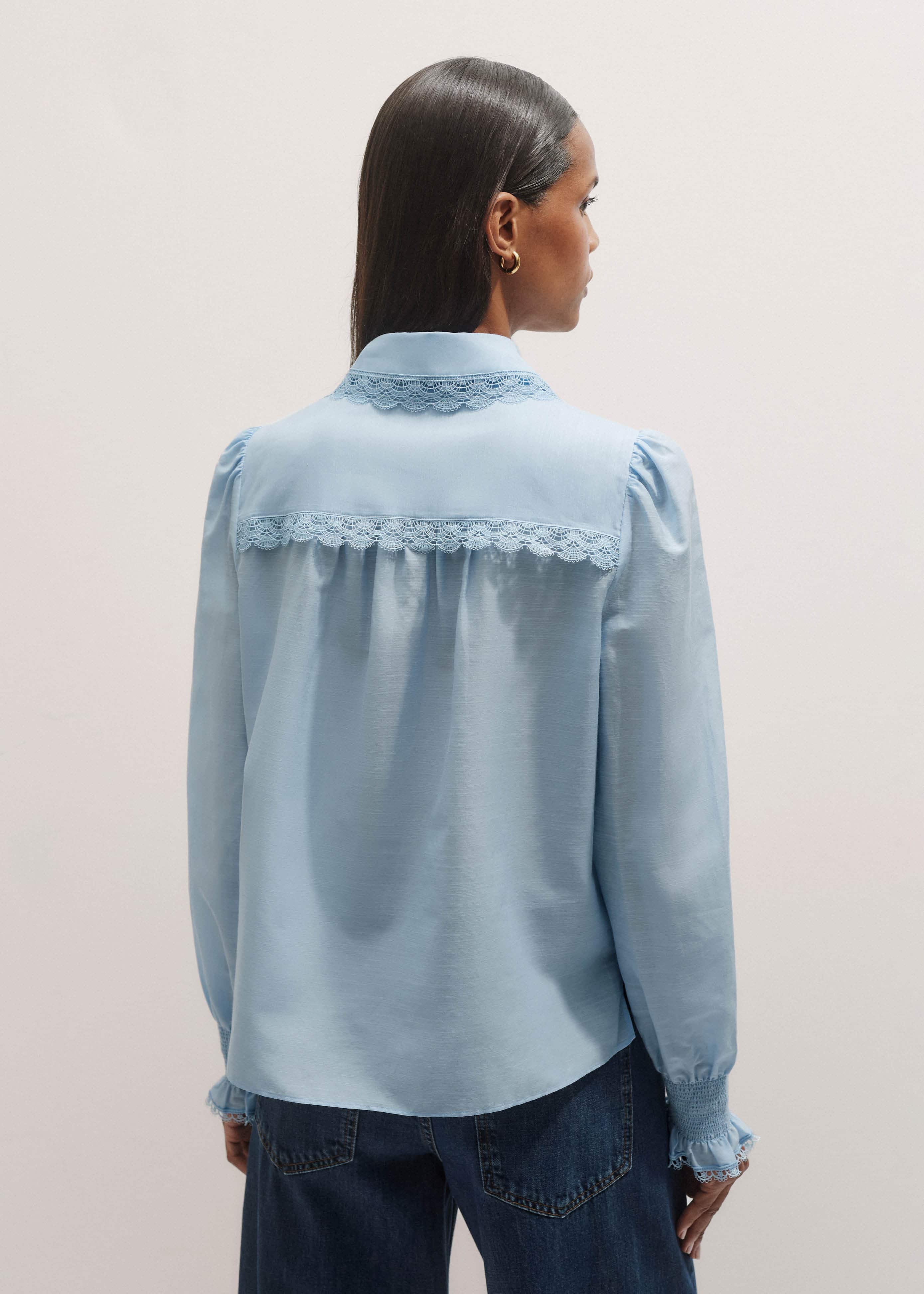 Blue Silk Cotton Lace Trim Straight Blouse meandem