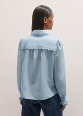 Blue Silk Cotton Lace Trim Straight Blouse meandem