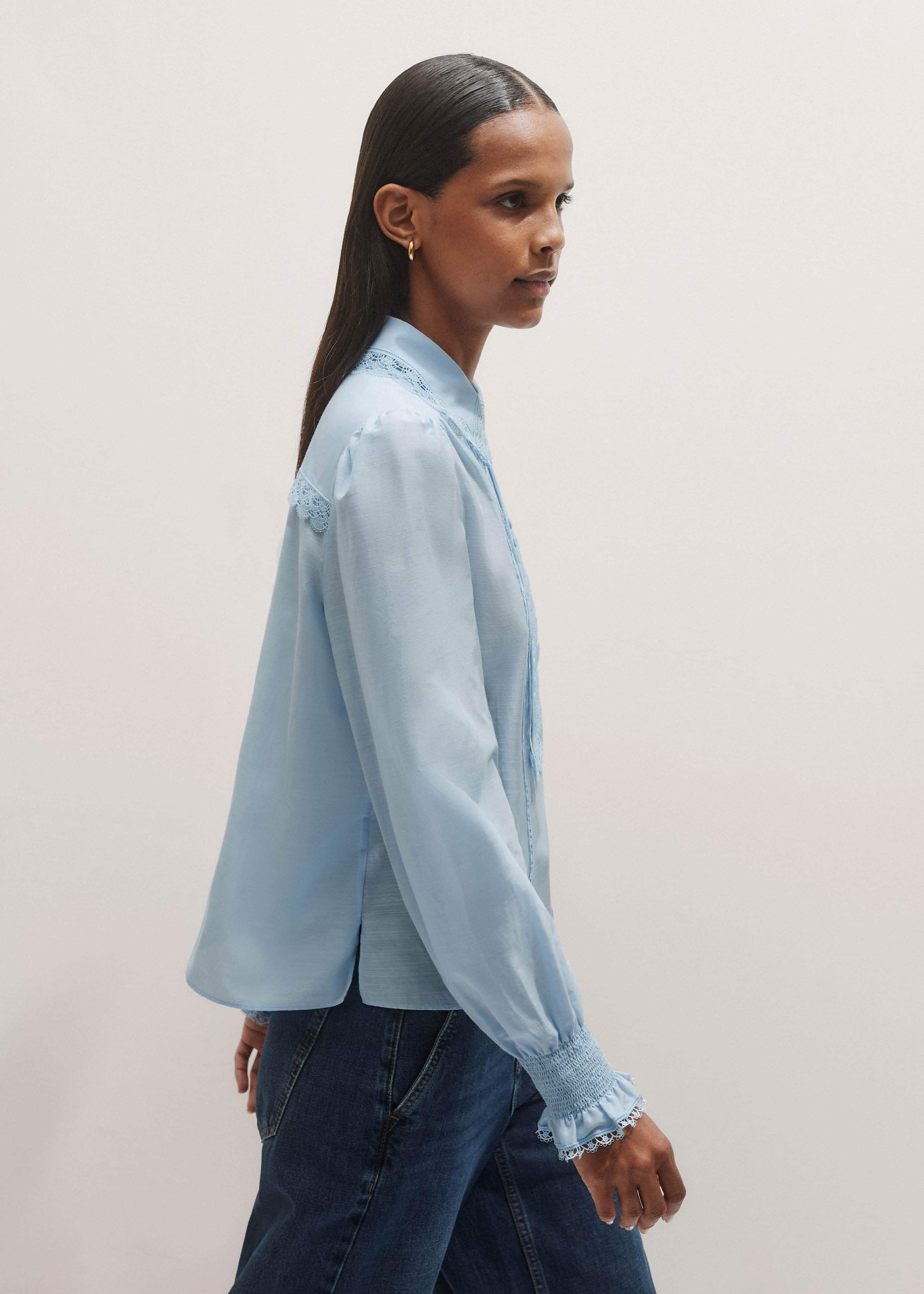 Blue Silk Cotton Lace Trim Straight Blouse meandem