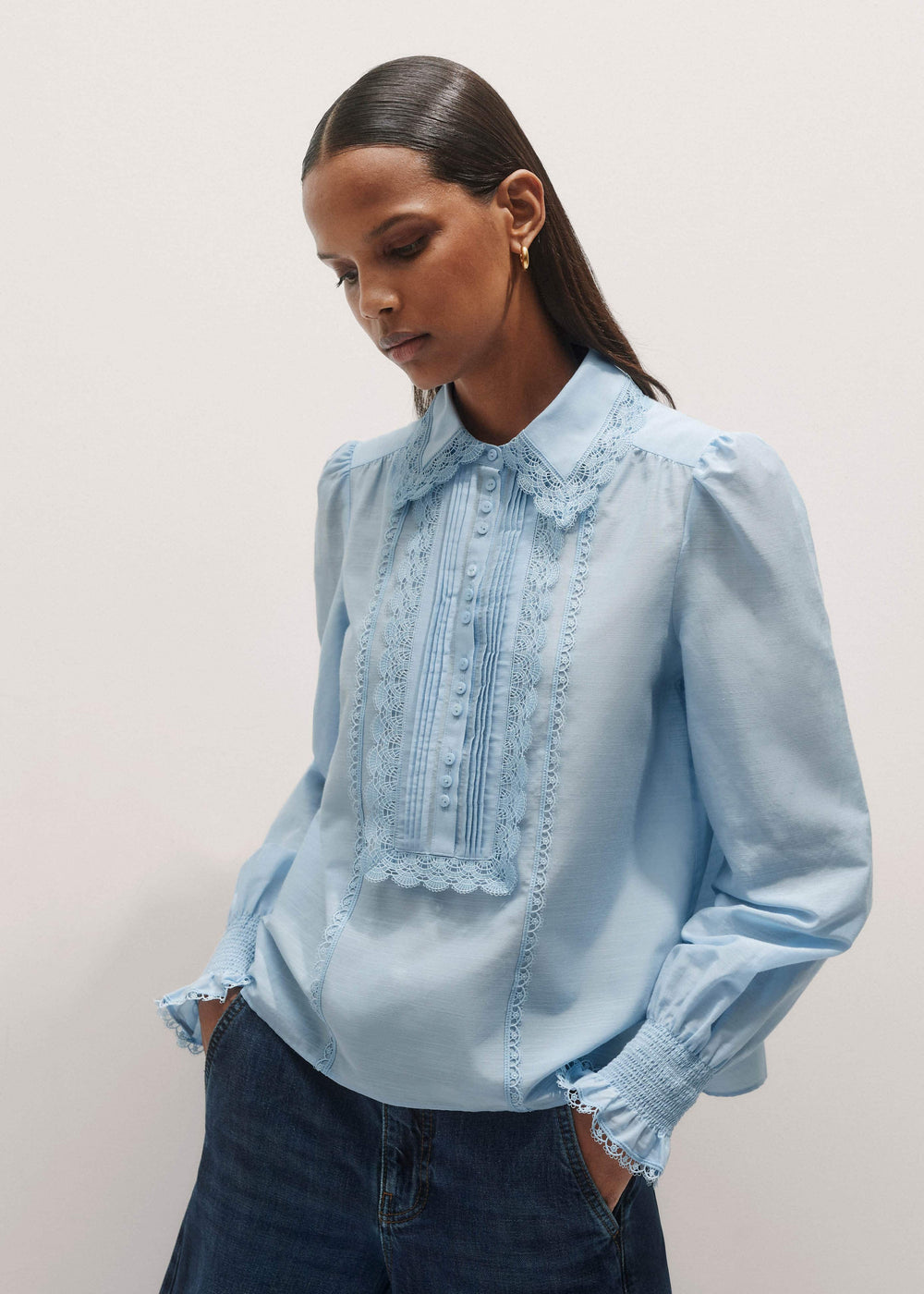 Blue Silk Cotton Lace Trim Straight Blouse meandem