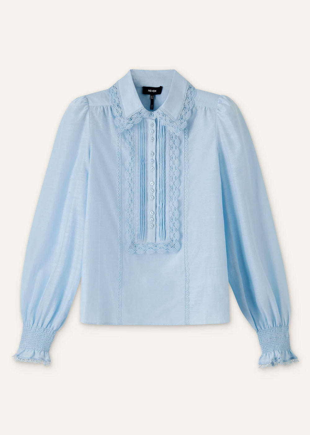 Blue Silk Cotton Lace Trim Straight Blouse meandem