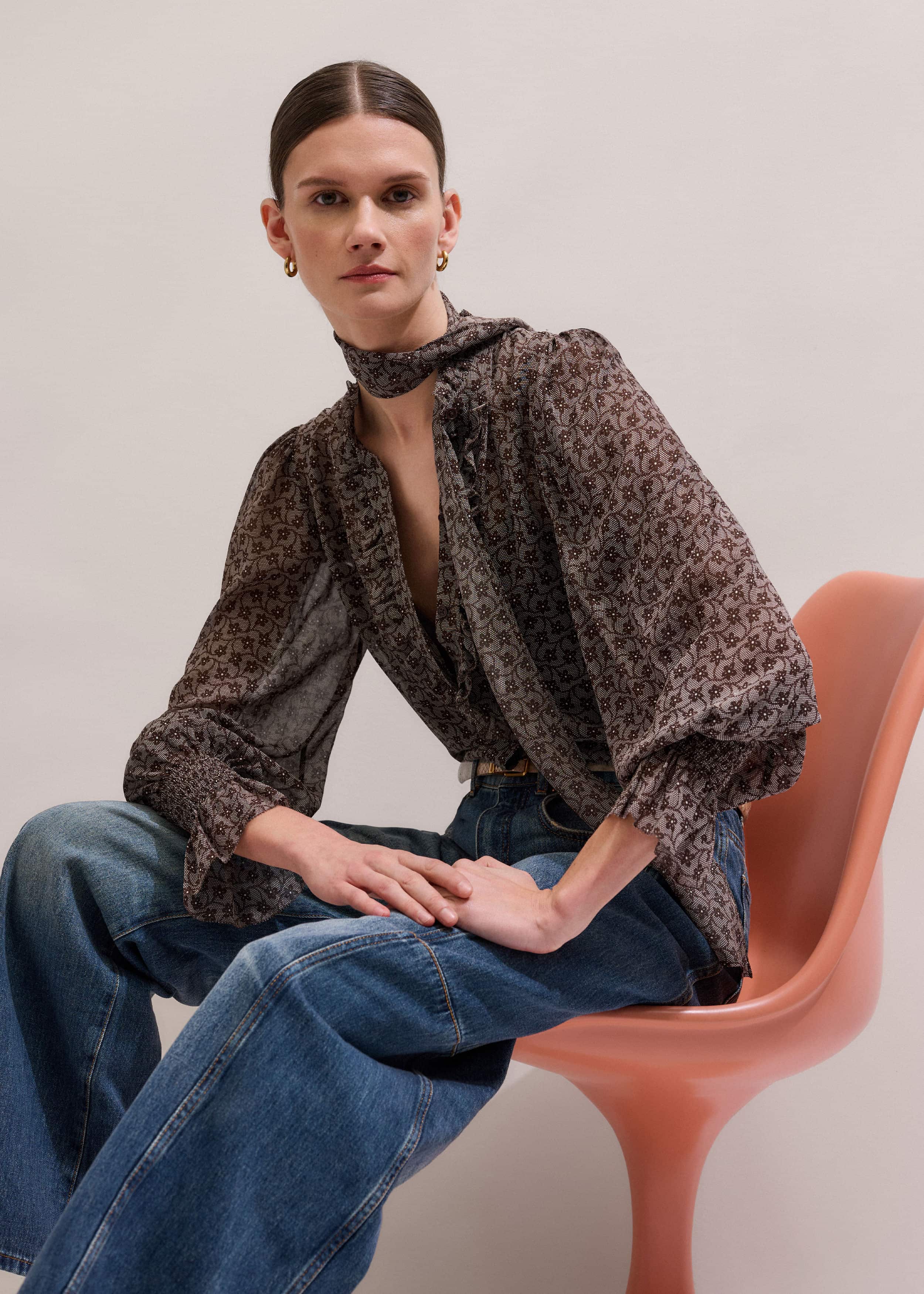 Brown Silk Lace Print Straight In-The-Details Blouse meandem