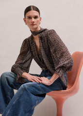 Brown Silk Lace Print Straight In-The-Details Blouse meandem