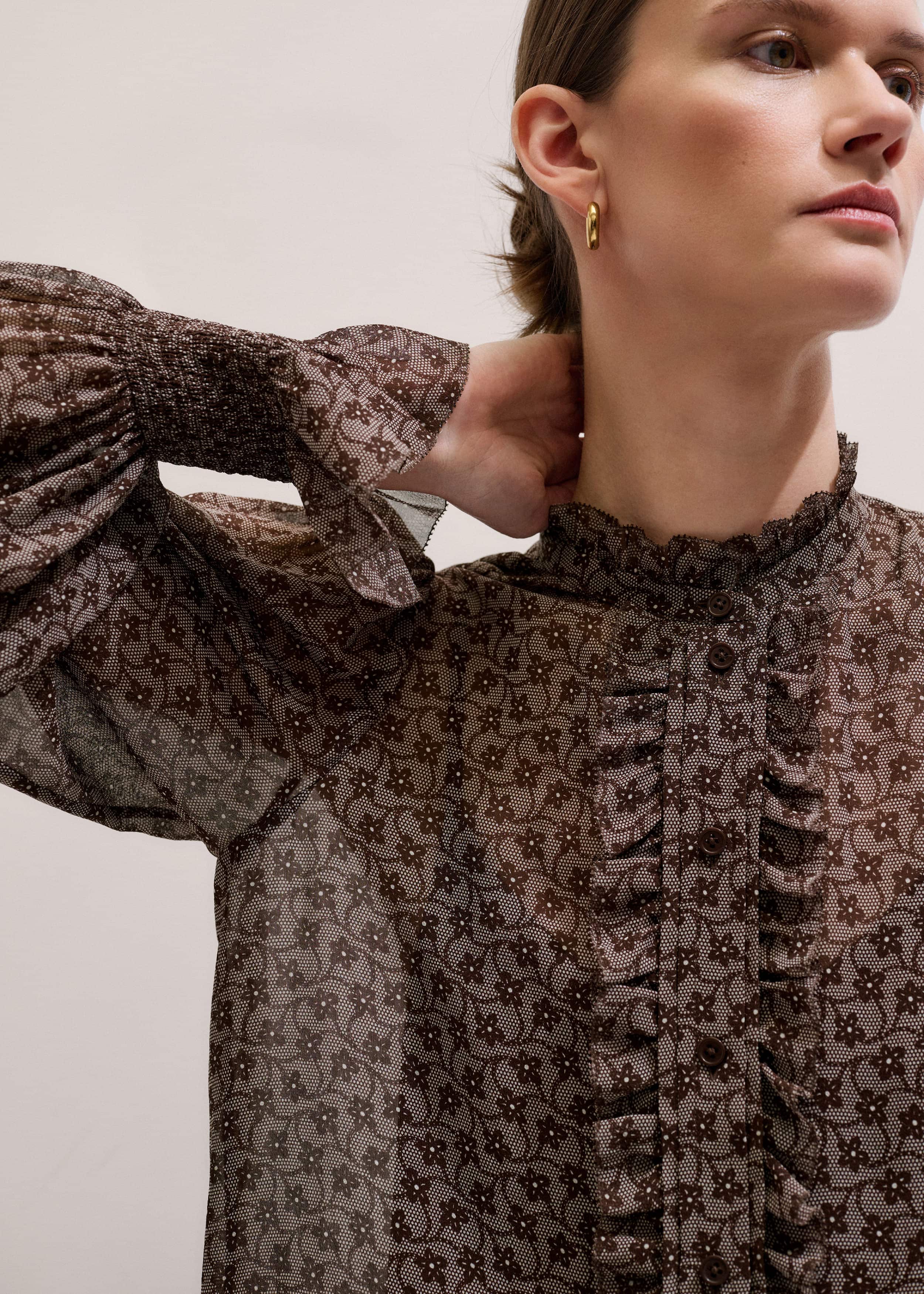 Brown Silk Lace Print Straight In-The-Details Blouse meandem