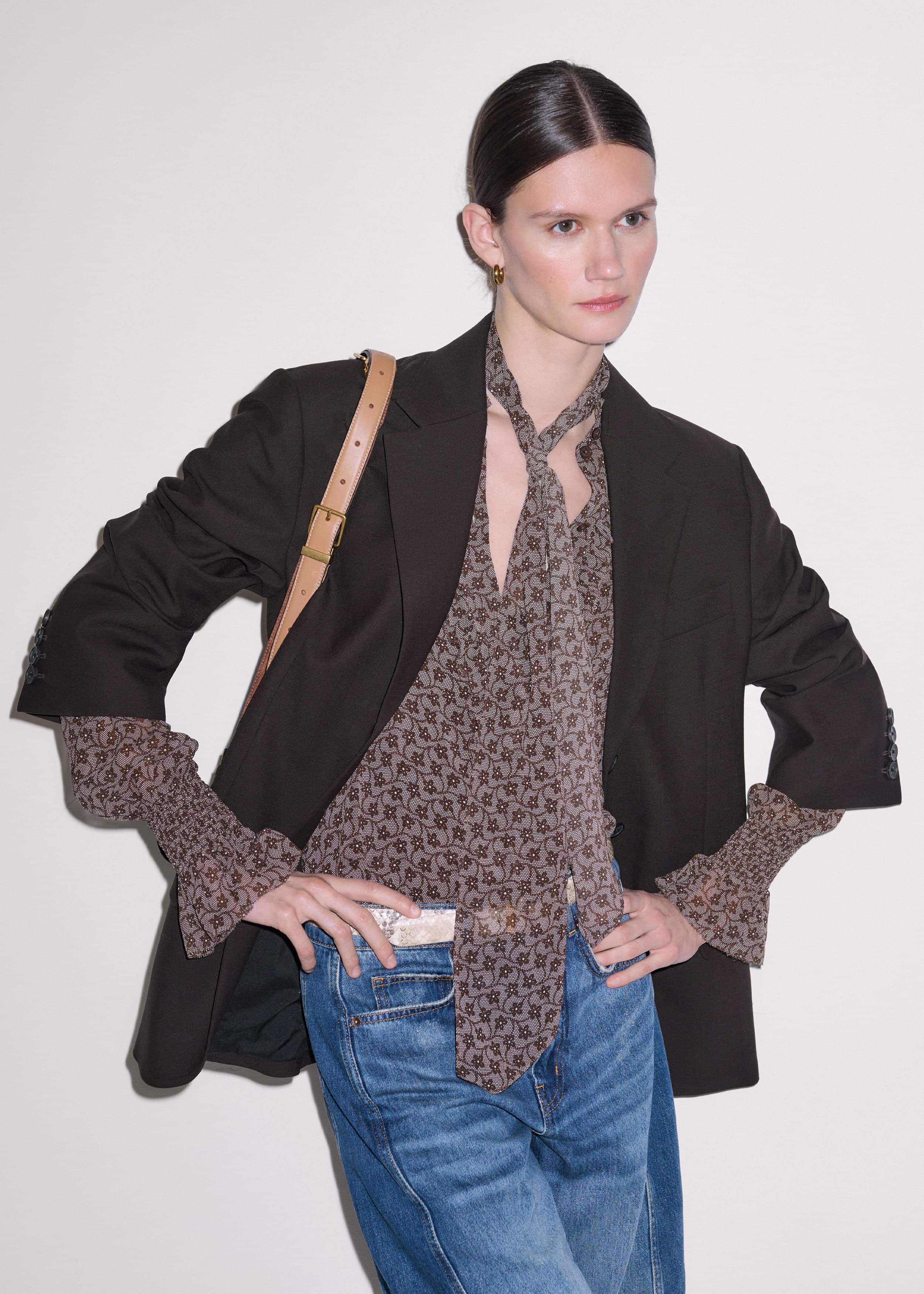 Brown Silk Lace Print Straight In-The-Details Blouse meandem