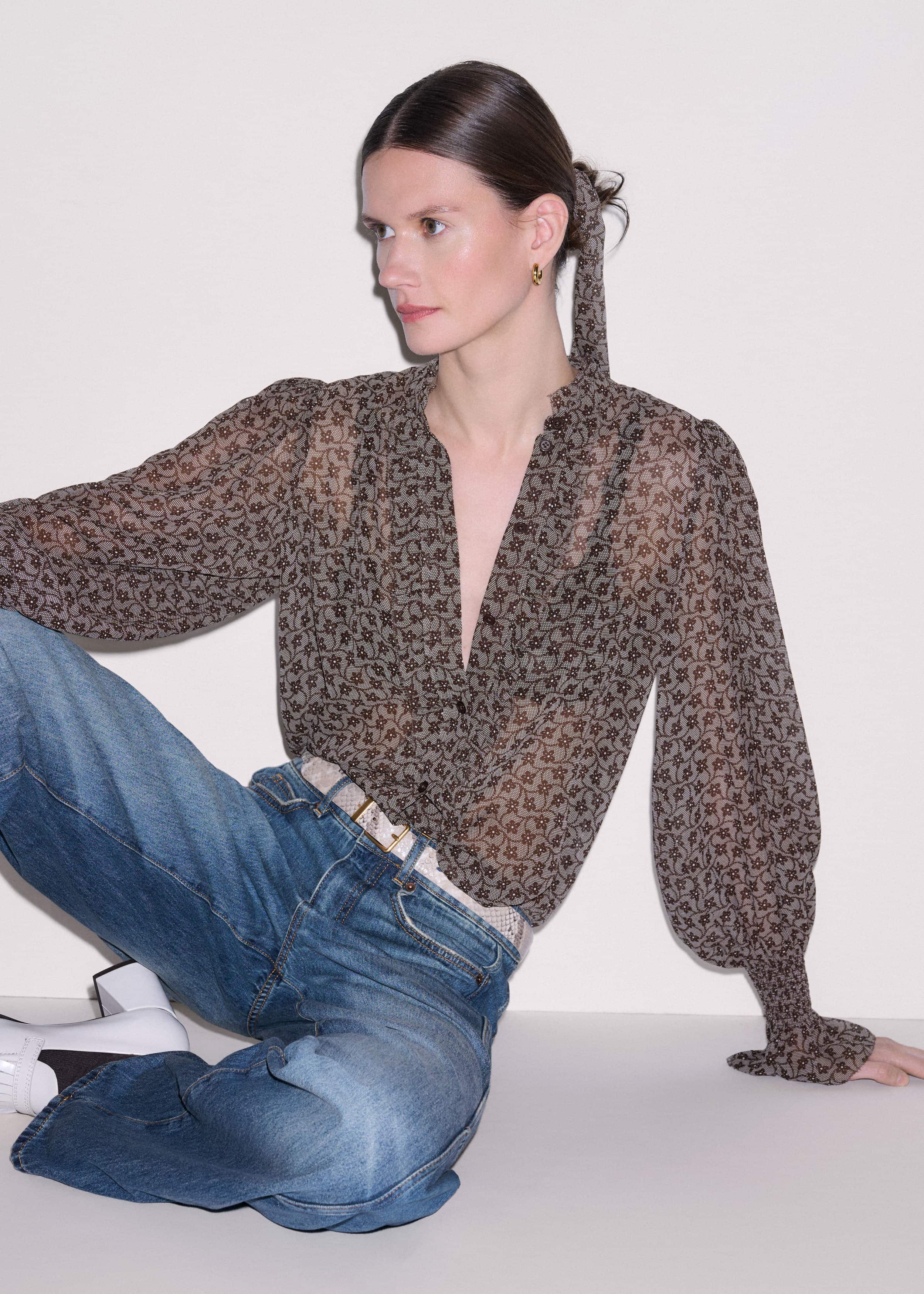 Brown Silk Lace Print Straight In-The-Details Blouse meandem