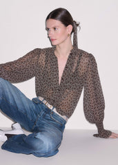 Brown Silk Lace Print Straight In-The-Details Blouse meandem