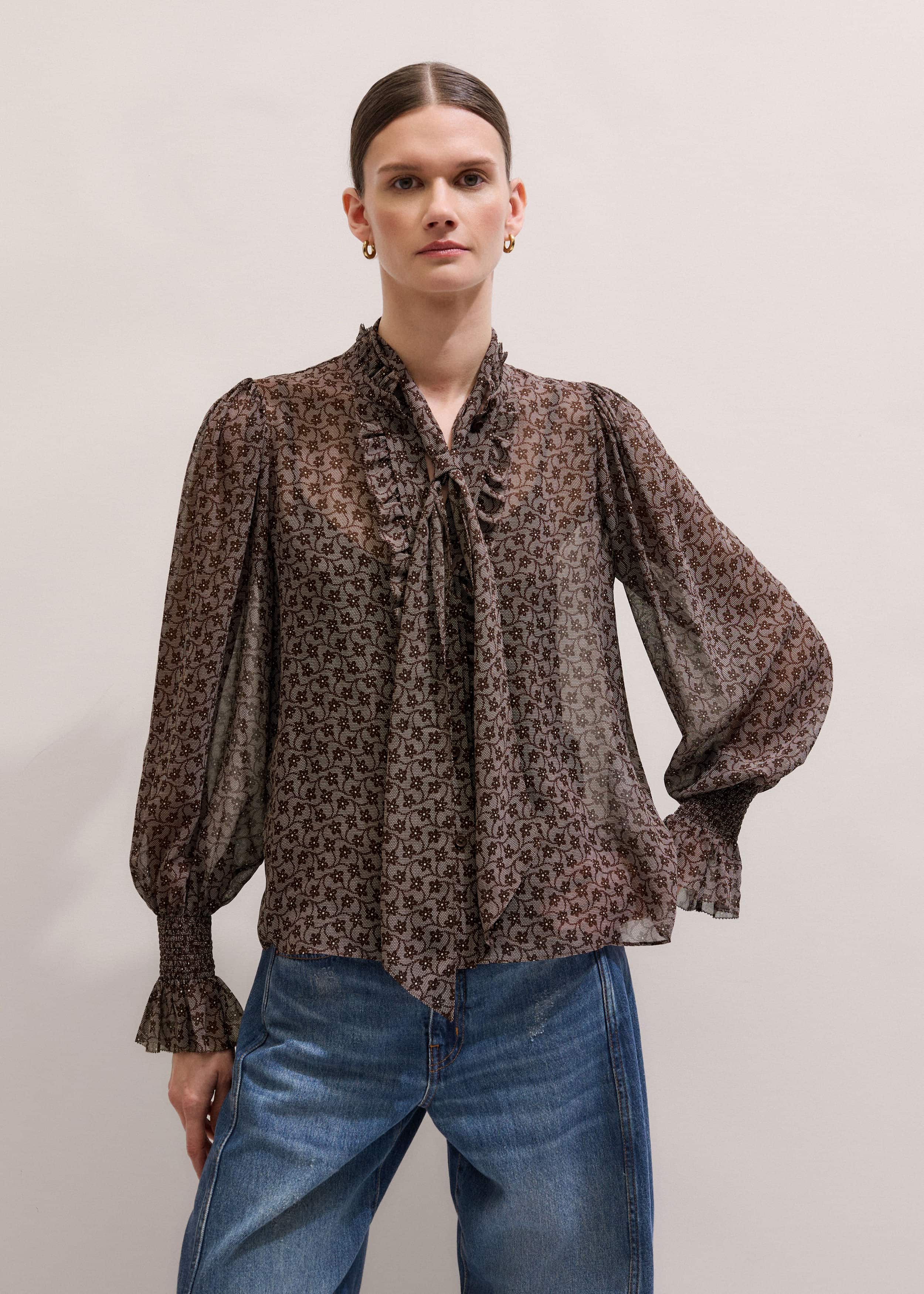 Brown Silk Lace Print Straight In-The-Details Blouse meandem