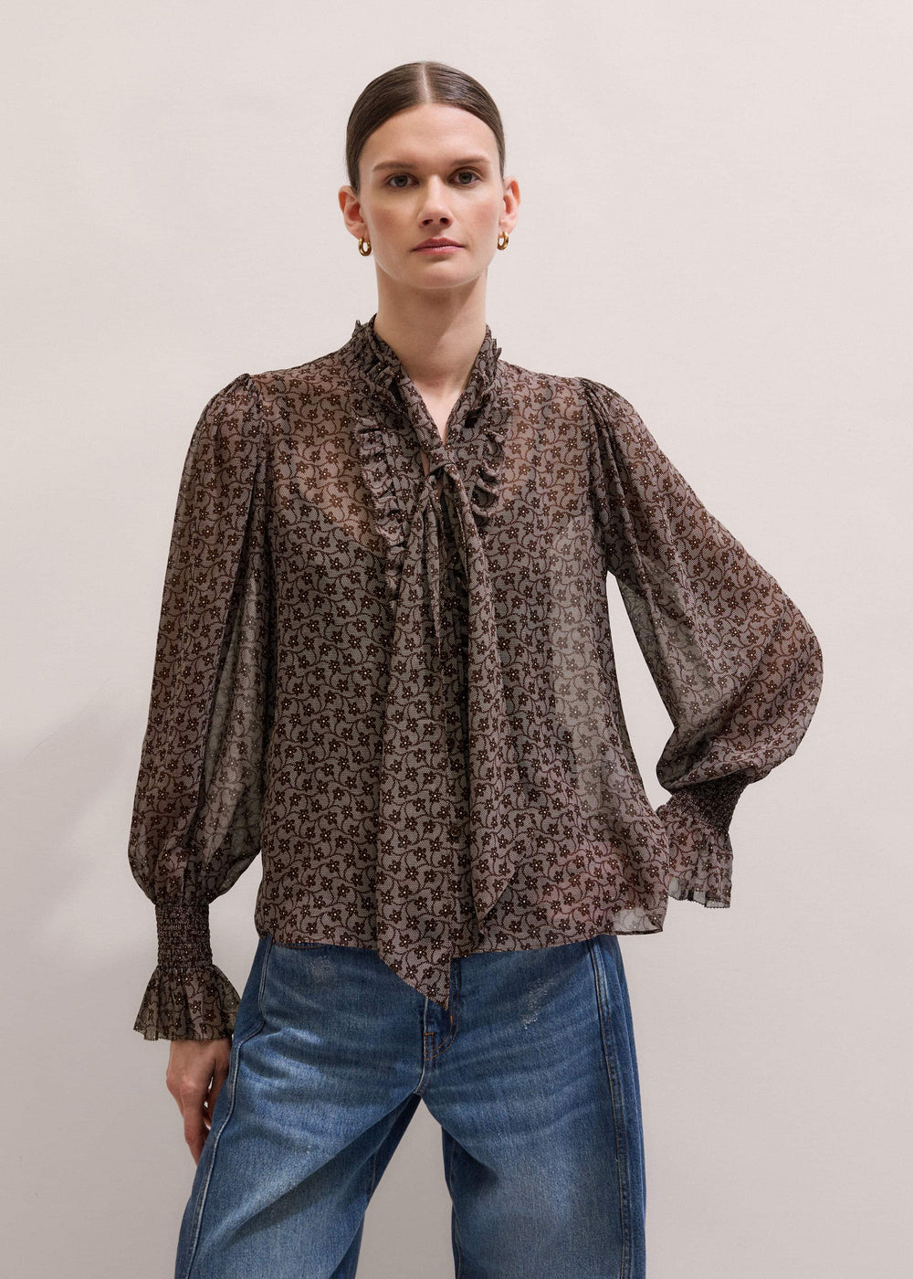 Brown Silk Lace Print Straight In-The-Details Blouse meandem