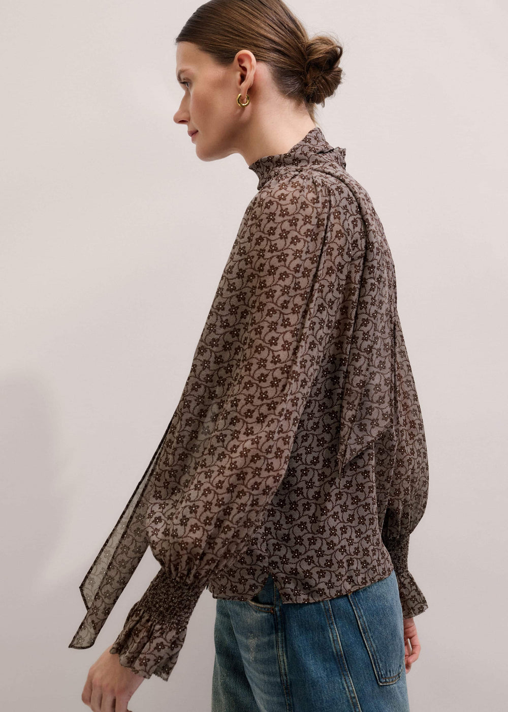 Brown Silk Lace Print Straight In-The-Details Blouse meandem