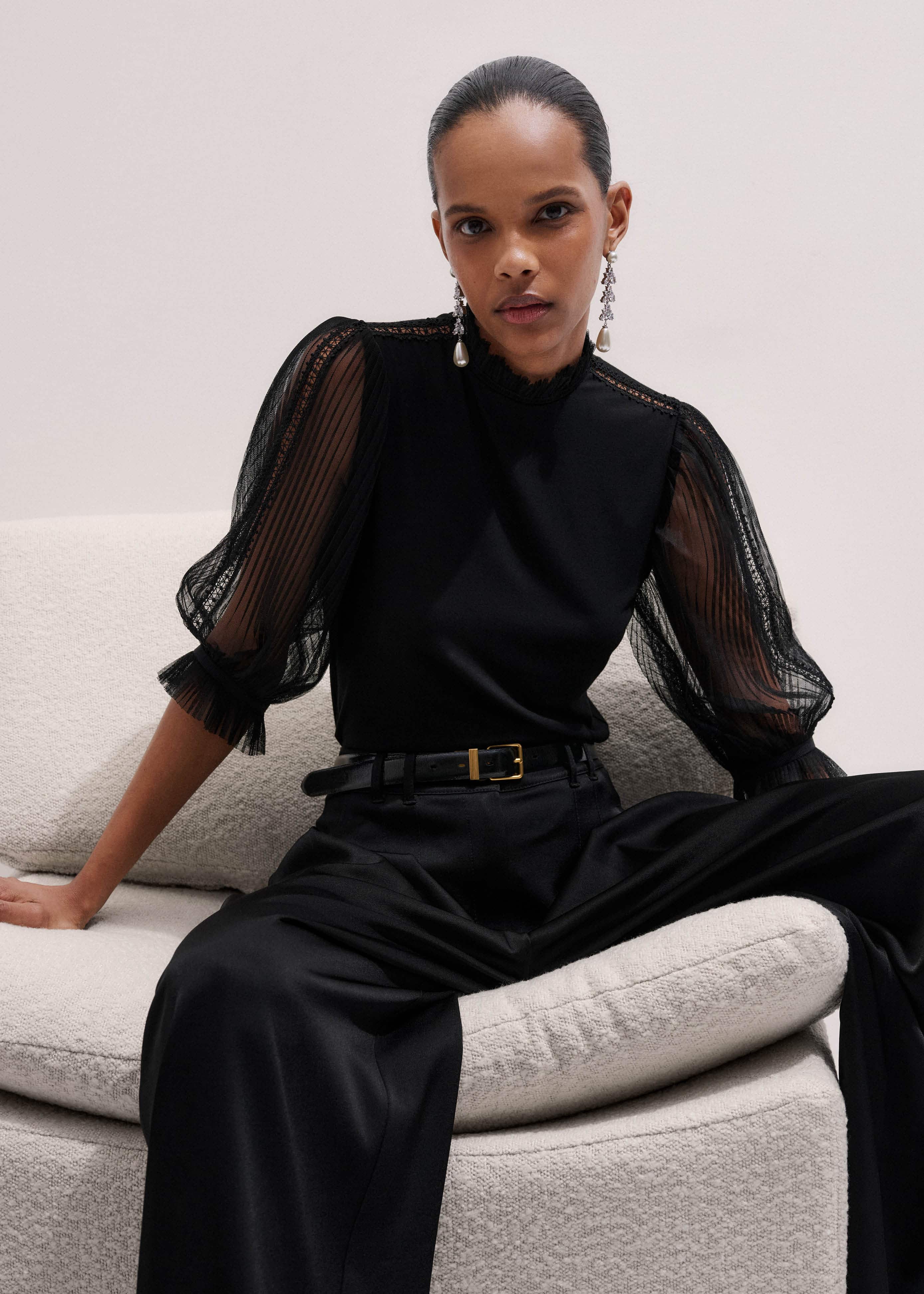 Black Lace Insert Tulle Layering Blouse meandem