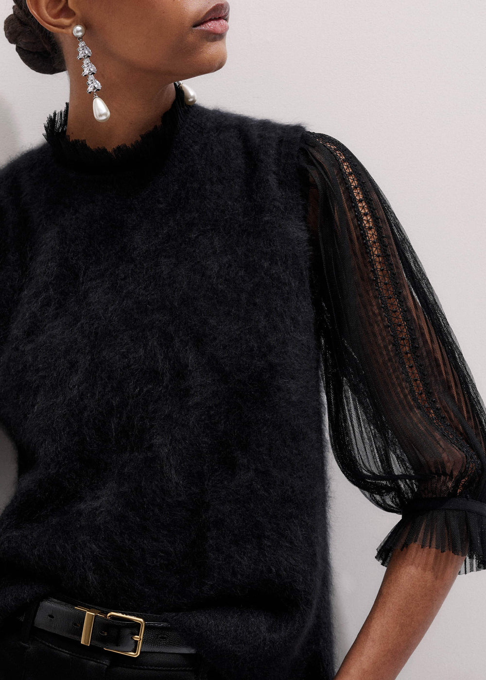 Black Lace Insert Tulle Layering Blouse meandem