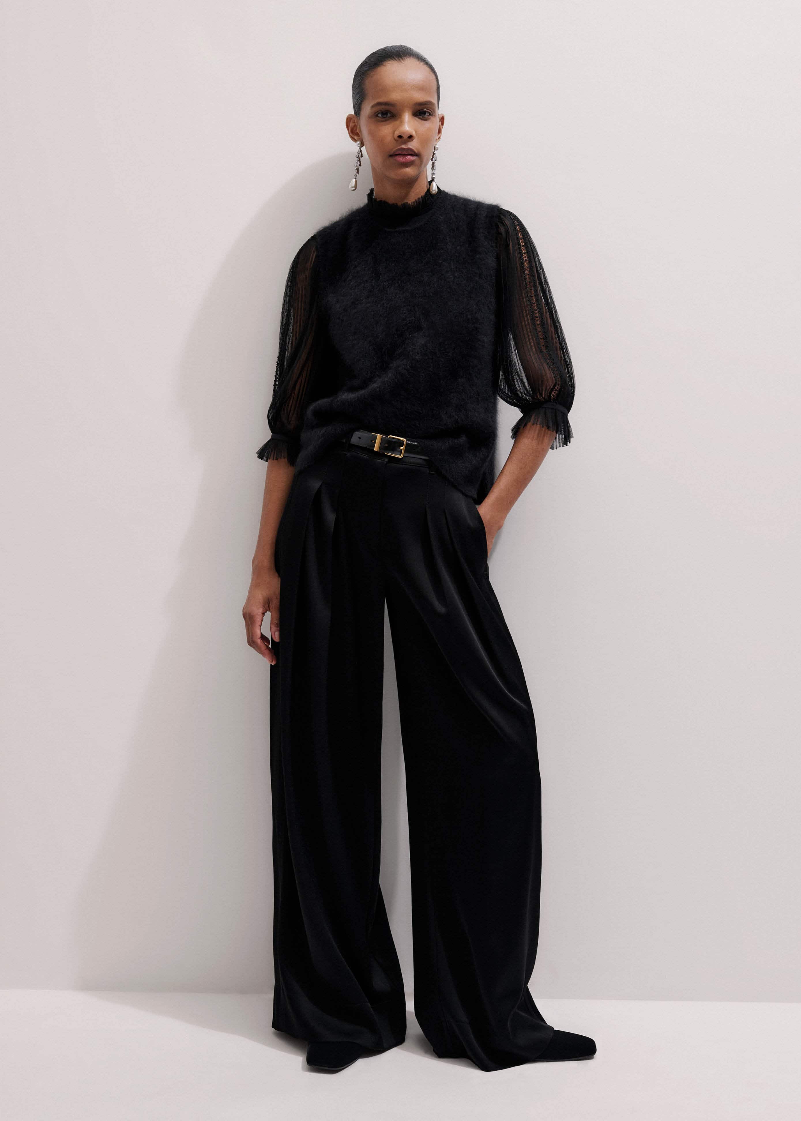 Black Lace Insert Tulle Layering Blouse meandem