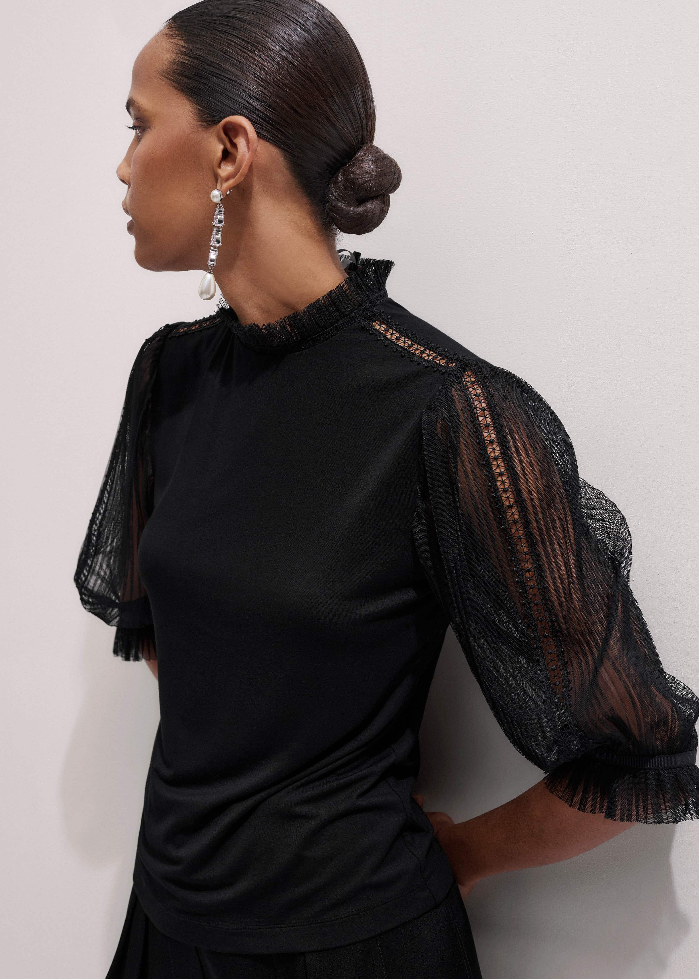 Black Lace Insert Tulle Layering Blouse meandem