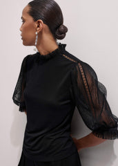 Black Lace Insert Tulle Layering Blouse meandem