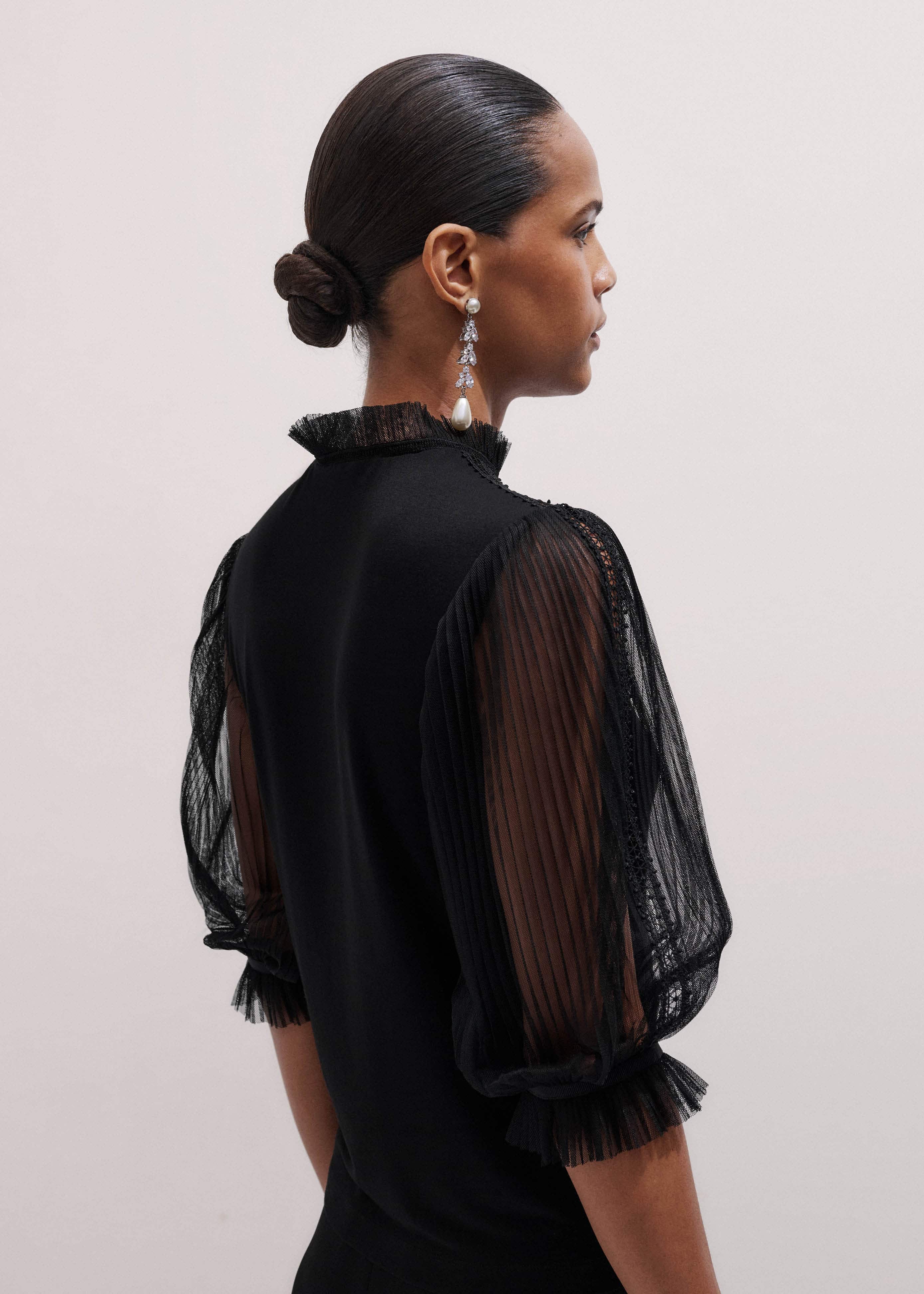 Black Lace Insert Tulle Layering Blouse meandem