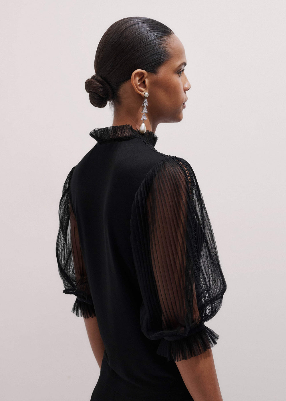 Black Lace Insert Tulle Layering Blouse meandem