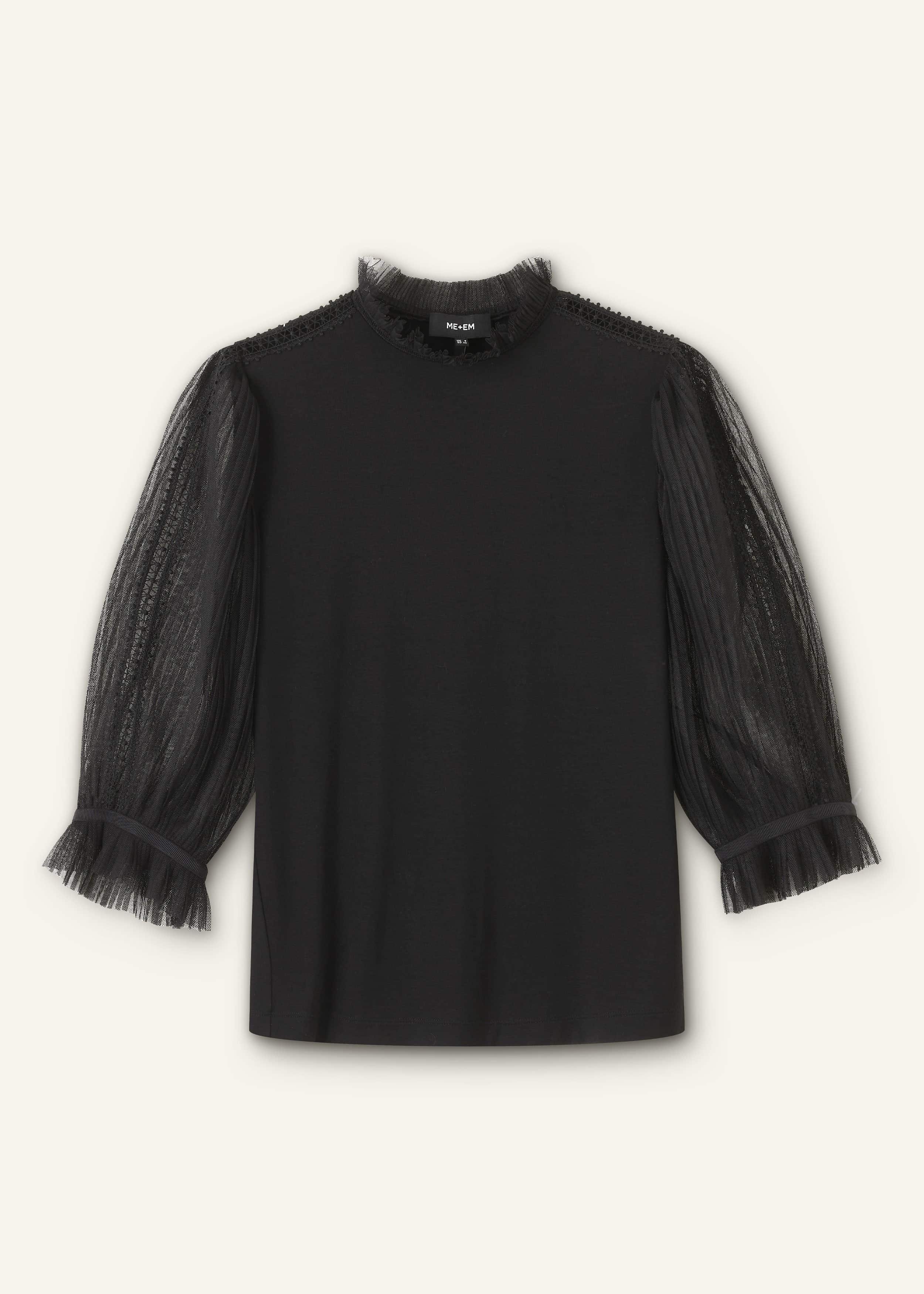 Black Lace Insert Tulle Layering Blouse meandem