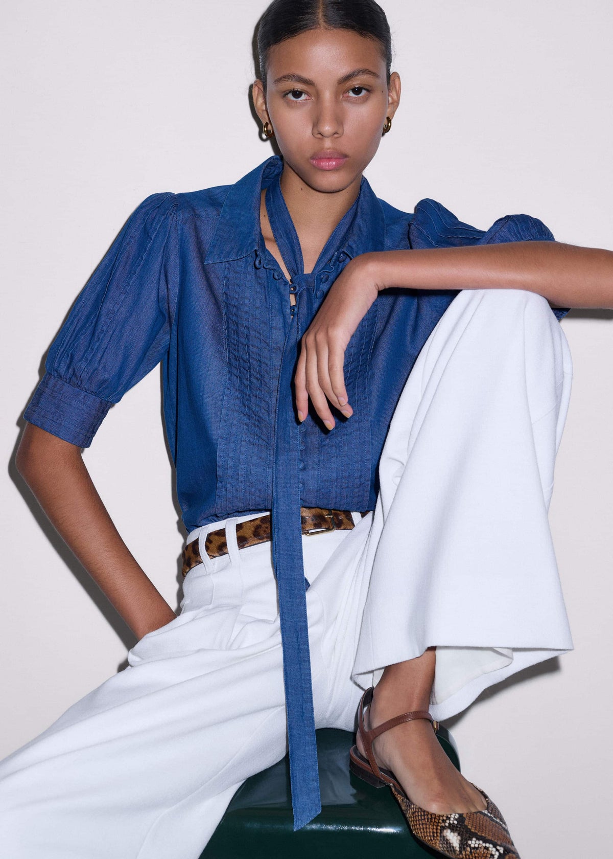 Blue Chambray Pintucked Short Sleeve Blouse + Tie meandem