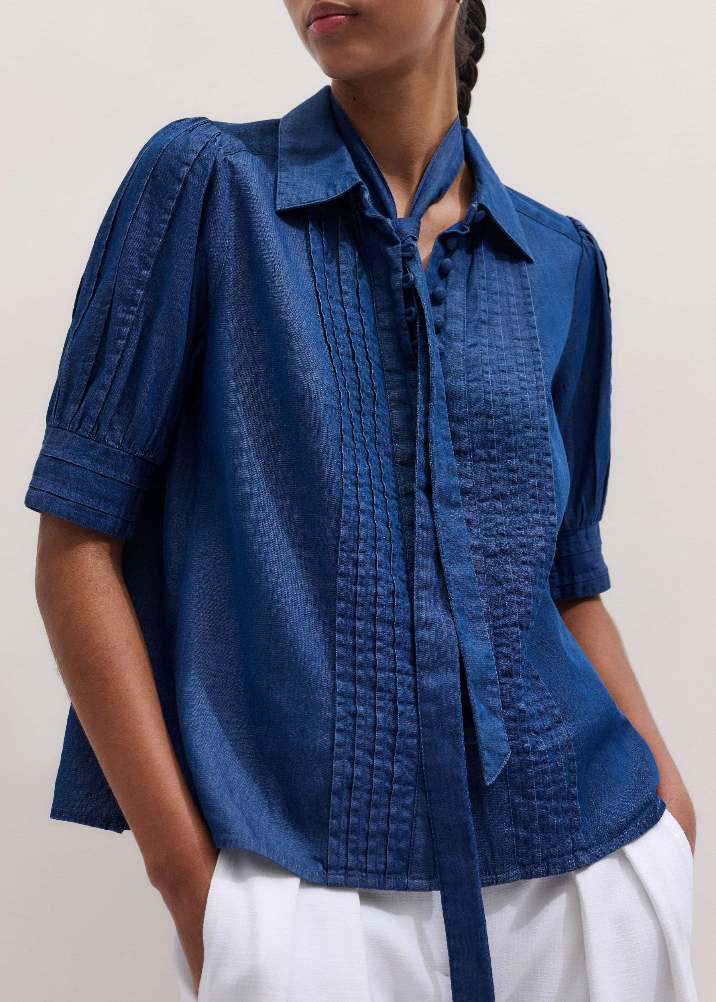 Blue Chambray Pintucked Short Sleeve Blouse + Tie meandem