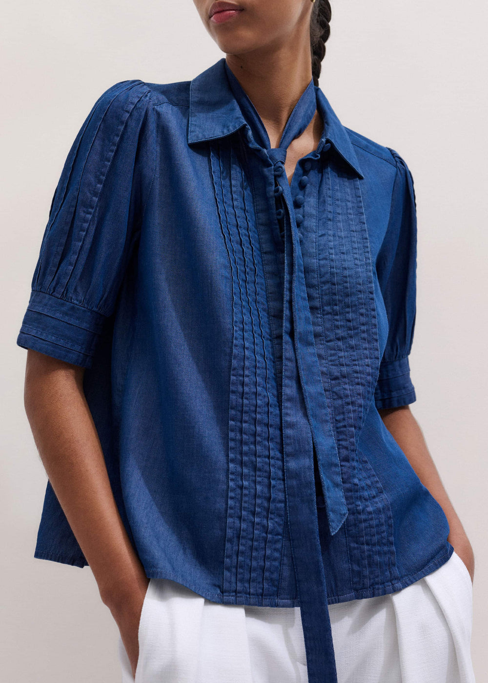 Blue Chambray Pintucked Short Sleeve Blouse + Tie meandem