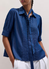 Blue Chambray Pintucked Short Sleeve Blouse + Tie meandem