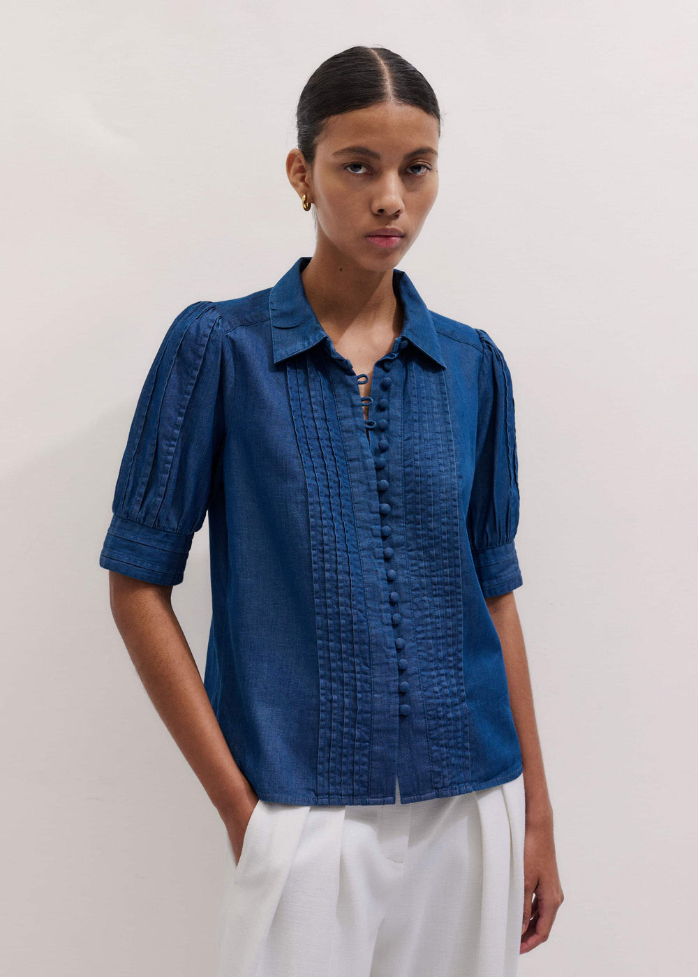 Blue Chambray Pintucked Short Sleeve Blouse + Tie meandem