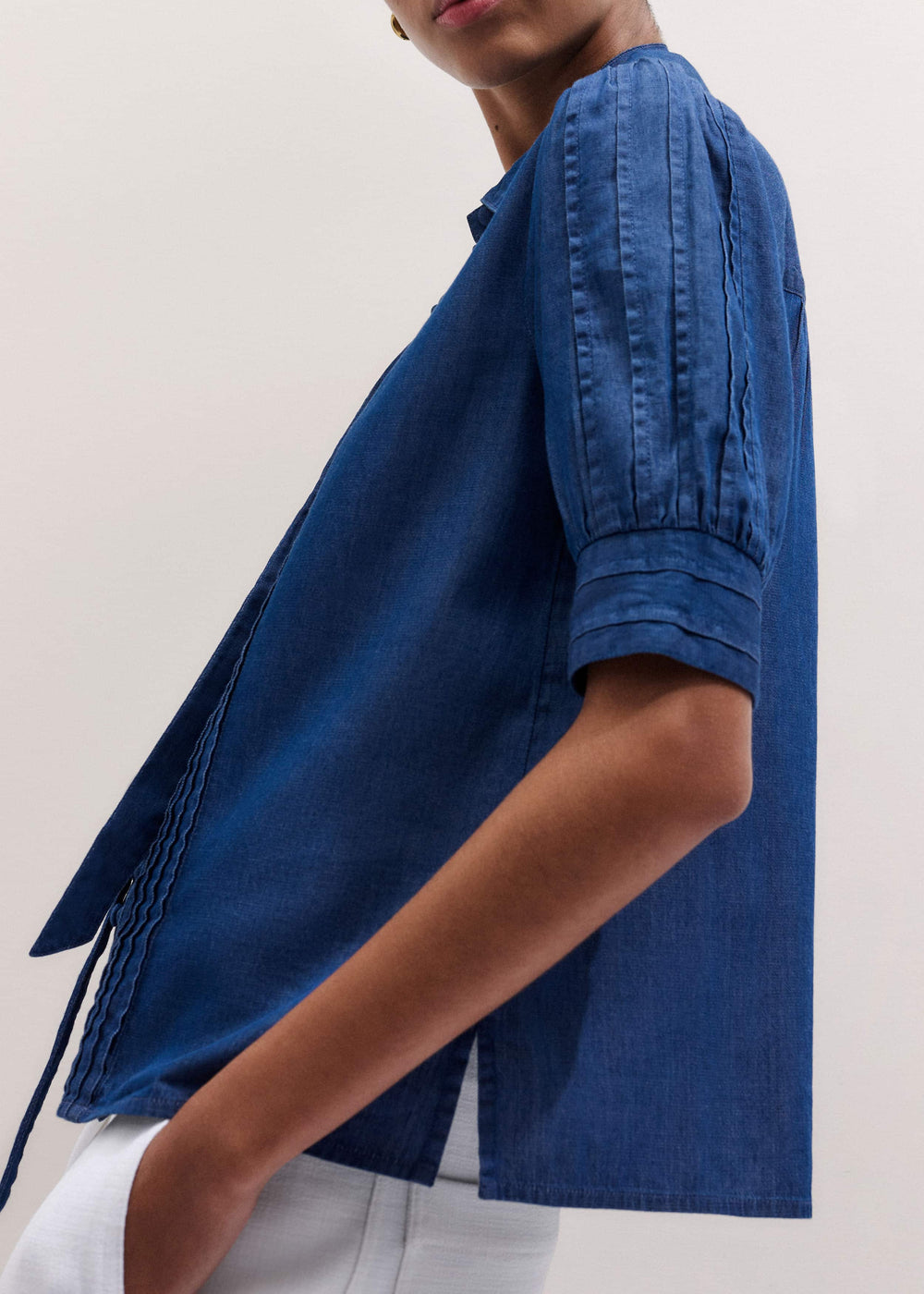 Blue Chambray Pintucked Short Sleeve Blouse + Tie meandem