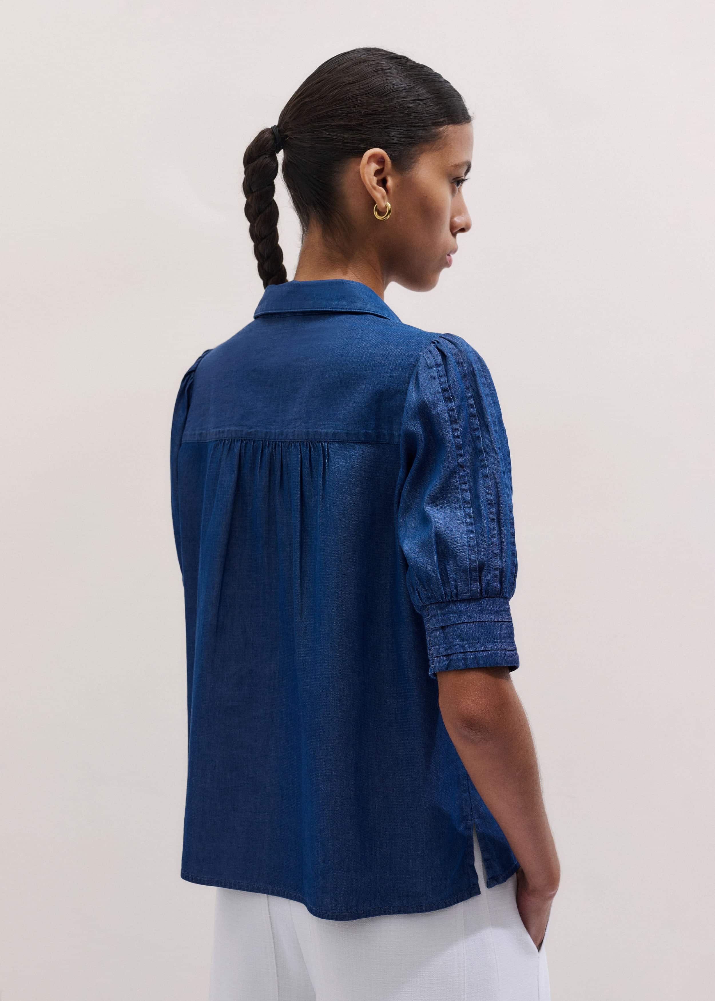 Blue Chambray Pintucked Short Sleeve Blouse + Tie meandem