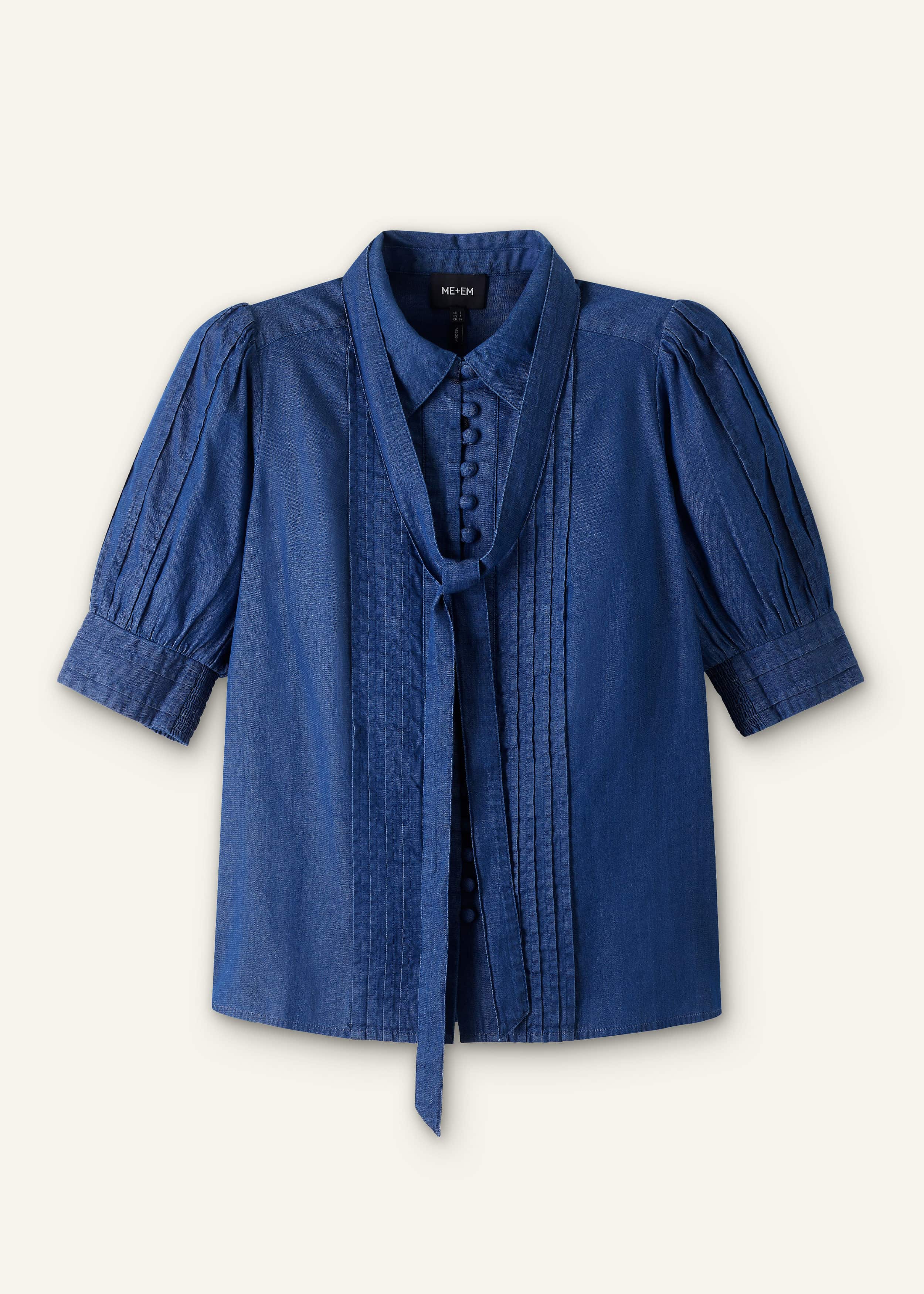 Blue Chambray Pintucked Short Sleeve Blouse + Tie meandem