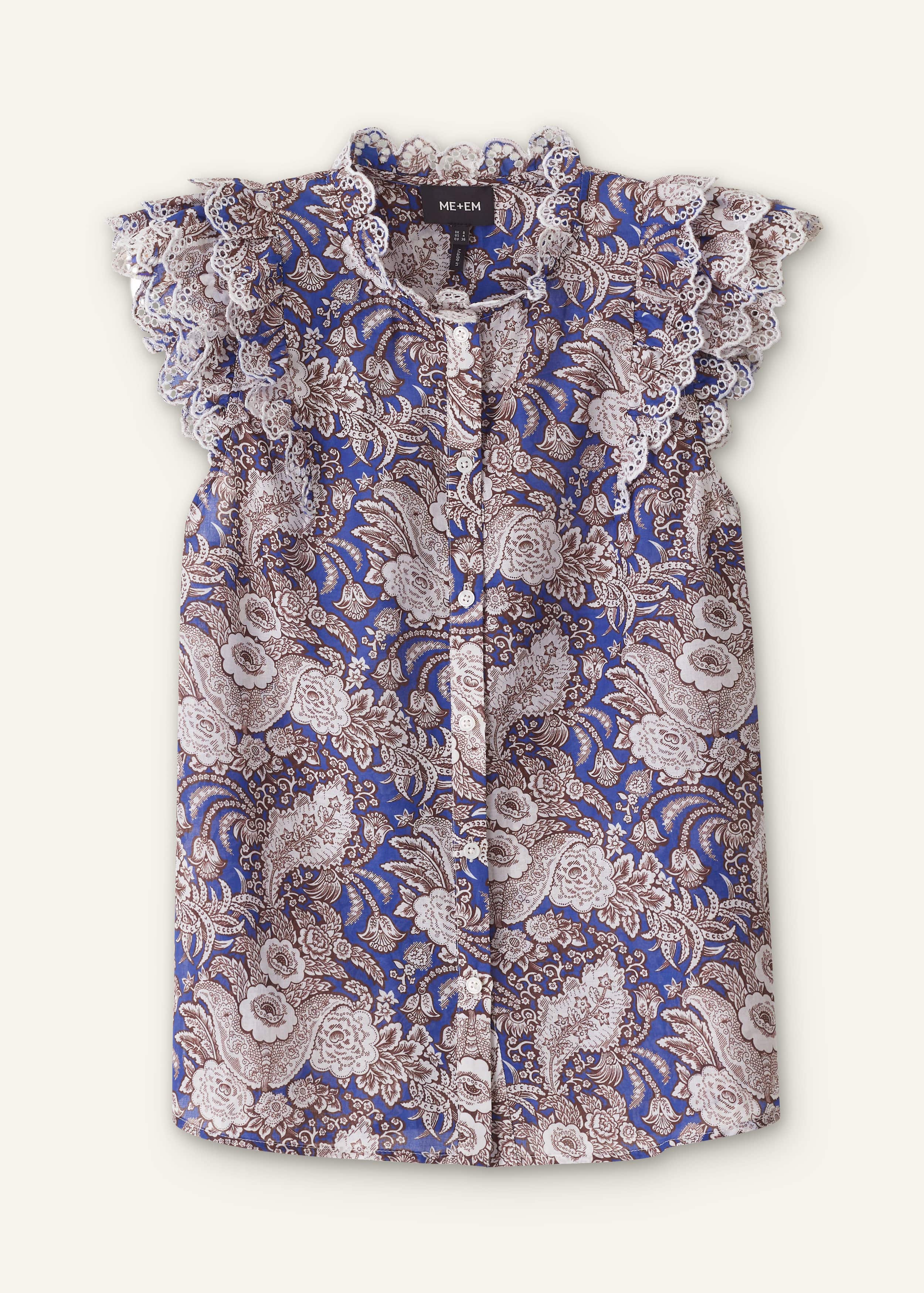 Blue Elaborate Botanical Print Ruffle Straight Blouse meandem