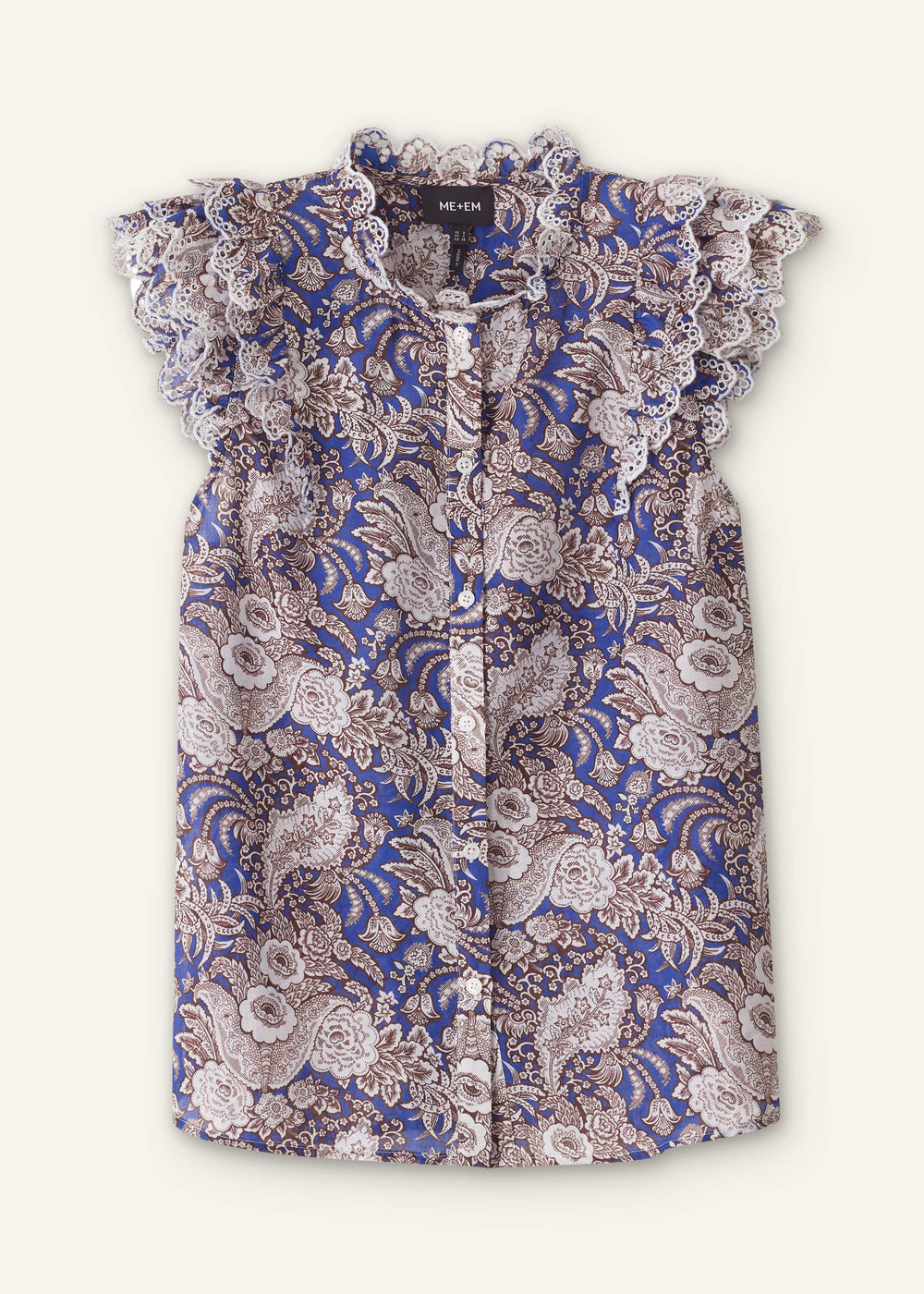 Blue Elaborate Botanical Print Ruffle Straight Blouse meandem