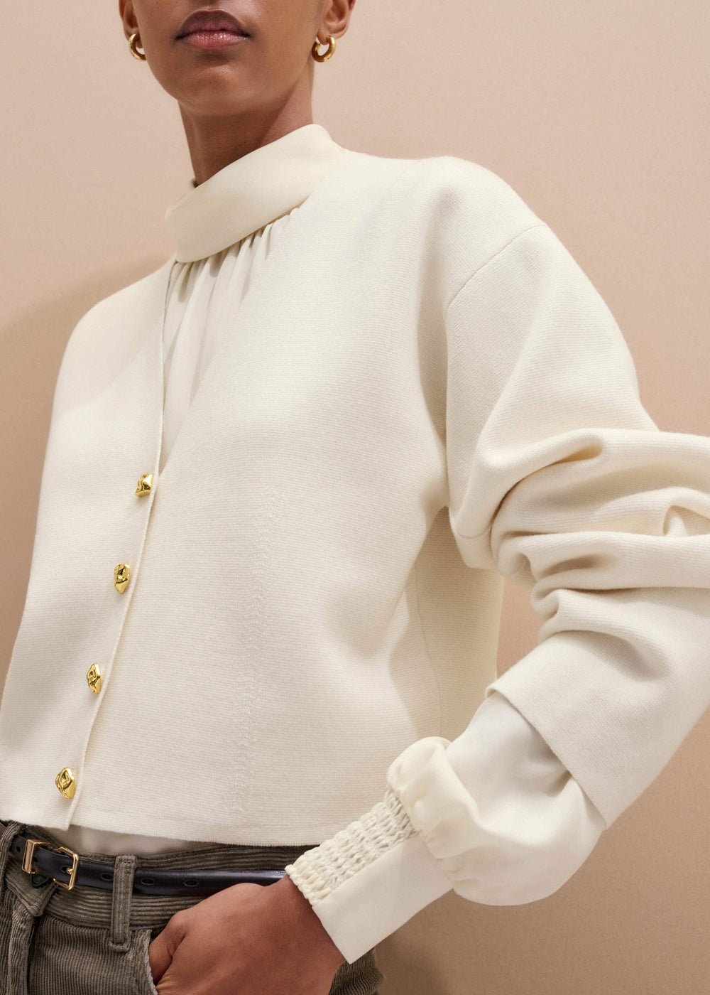 Cream Silk High Neck Slim Cut Blouse meandem