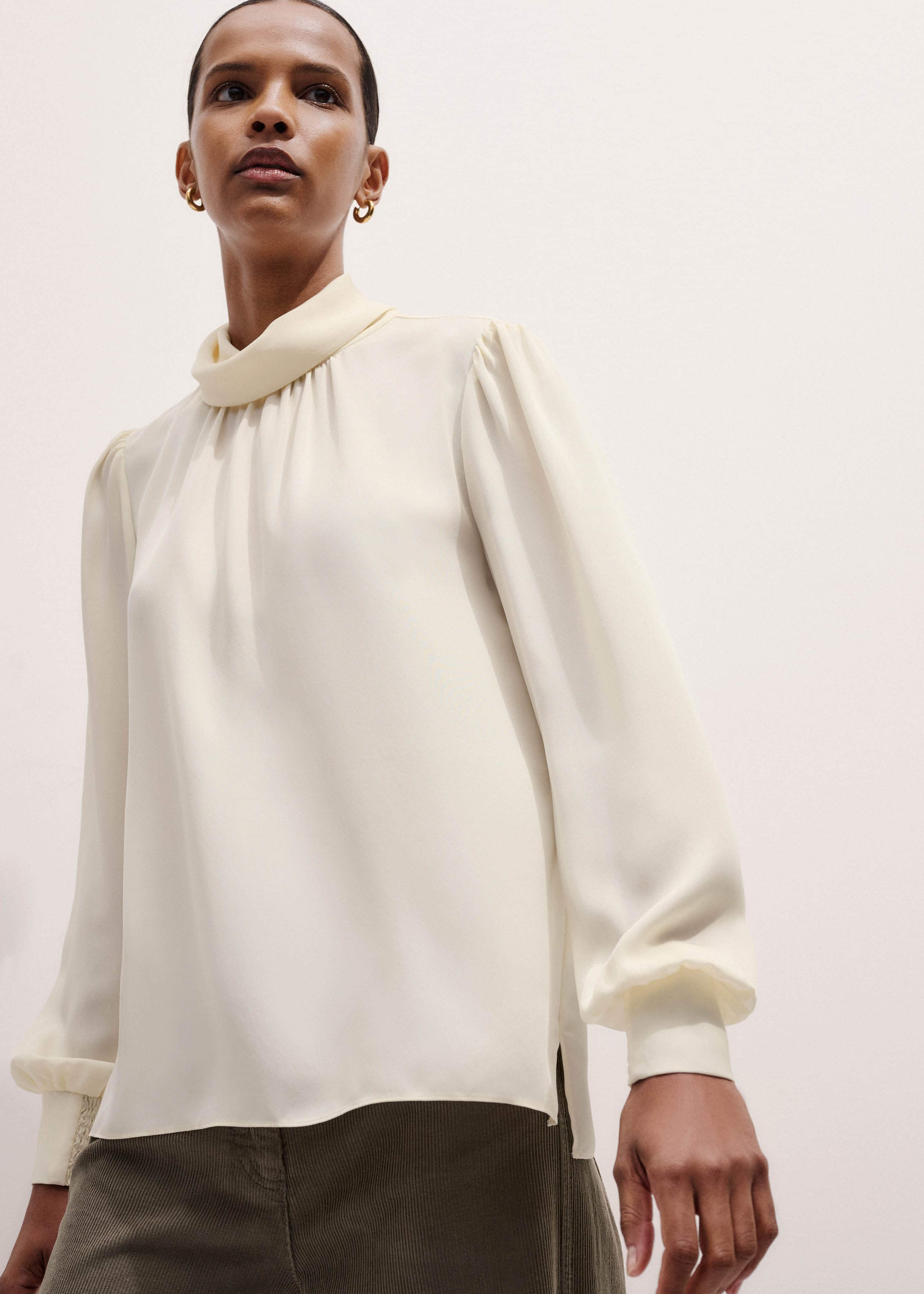 Cream Silk High Neck Slim Cut Blouse meandem